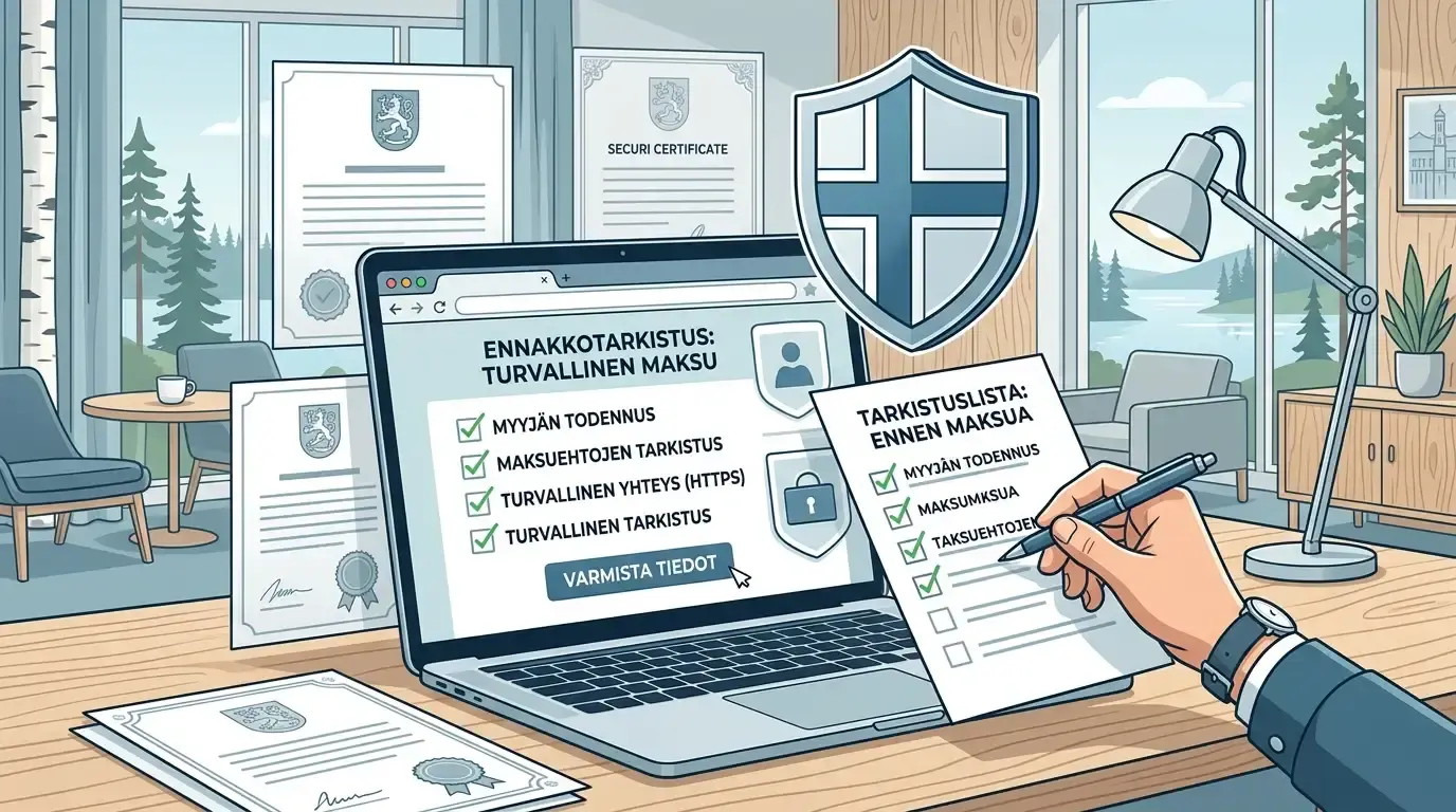 Ennen maksua tehtävä tarkistuslista tietokoneen ja muistilehtiön vieressä