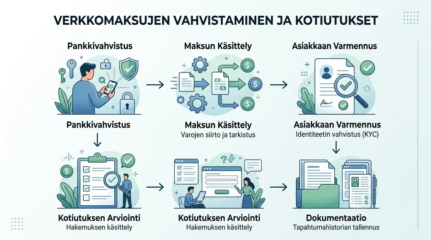 Kaavio maksupolusta, jossa talletus, tunnistautuminen, lisätarkistus ja kotiutus näkyvät erillisinä vaiheina.