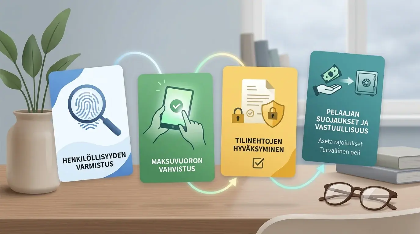 Jäsennelty näkymä, jossa rekisteröitymättömän kasinon vaiheet erotetaan tunnistamiseen, maksamiseen ja ehtoihin.