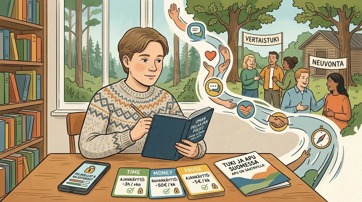 Rauhallinen näkymä, jossa pelaamisen hallintaa kuvataan tukikanavien, tauon, rajojen ja turvallisten seuraavien askelten kautta.