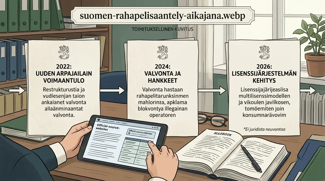 Aikajana, jossa Suomen rahapelisääntelyn siirtymävaihe erotetaan nykytilaan, hakemusvaiheeseen ja luvan voimaantuloon.