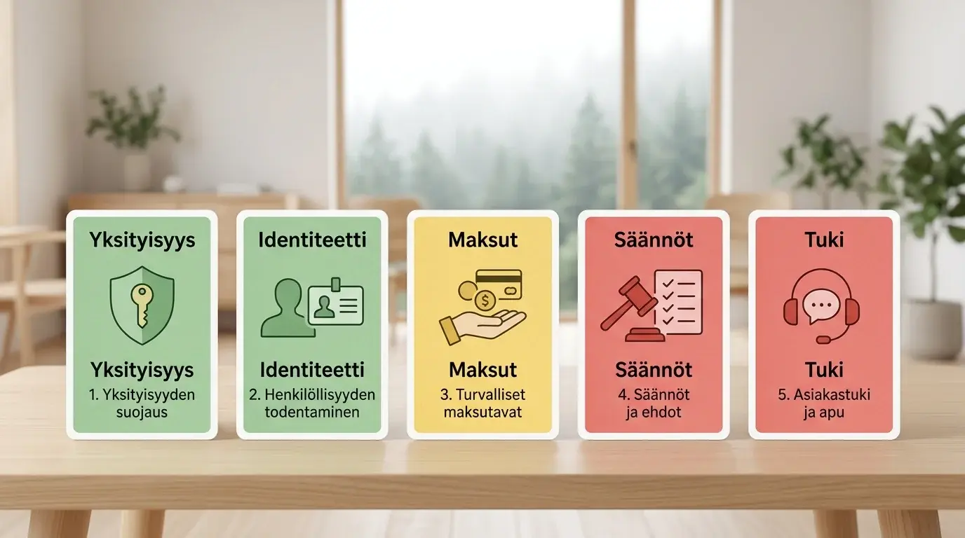 Turvallisuustarkistuslista, jossa vihreät, keltaiset ja punaiset riskimerkit on jaettu selkeisiin arviointikohtiin.